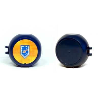 dark blue container pod with light bluish gray 6 x 6 round plate and medium blue 1 x 2 plate with nexo knights pattern sticker - set 5004914