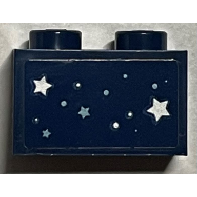 dark blue brick 1 x 2 with silver and metallic light blue stars and dots pattern sticker - set 40484
