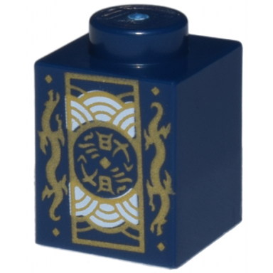 dark blue brick 1 x 1 with gold dragons and rectangle emblem with silver half circles pattern