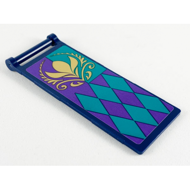 dark blue flag 7 x 3 with bar handle with dark purple and dark turquoise panels and diamonds gold arendelle crest flower pattern sticker - set 41164