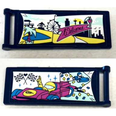 dark blue flag 7 x 3 with bar handle with dark pink welcome banner funfair skyline and ferris wheel race cars and checkered flags pattern stickers - set 41343