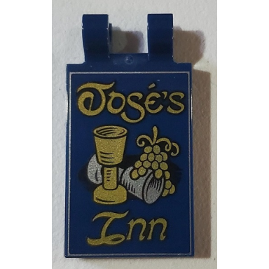 dark blue tile modified 2 x 3 with 2 clips with wine goblets grapes and josã©s inn pattern