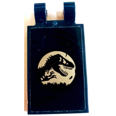 dark blue tile modified 2 x 3 with 2 open o clips with black claw marks and silver jurassic world logo pattern model left side sticker - set 75940