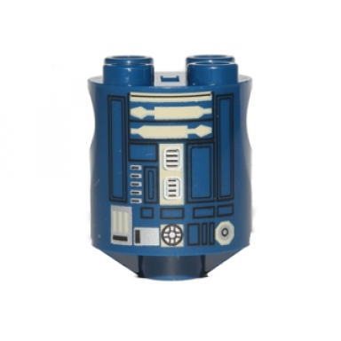 dark blue brick round 2 x 2 x 2 robot body with black lines and silver and tan pattern astromech droid