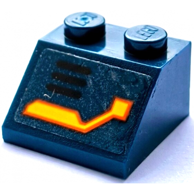 dark blue slope 45 2 x 2 with bright light yellow and orange circuitry and and black air vent lines pattern model left side sticker - set 70357
