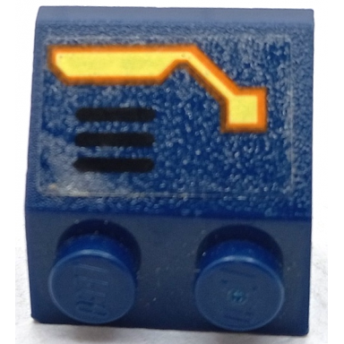 dark blue slope 45 2 x 2 with bright light yellow and orange circuitry and and black air vent lines pattern model right side sticker - set 70357