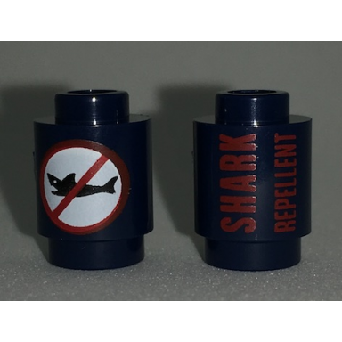 dark blue brick round 1 x 1 with shark repellent and no sharks sign pattern