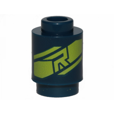 dark blue brick round 1 x 1 with lime letter r and stripes pattern