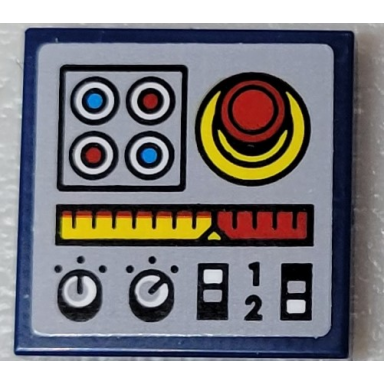 dark blue tile 2 x 2 with 4 buttons gauge number 1 and 2 dials and joystick pattern sticker - set 10303