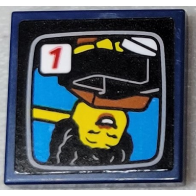 dark blue tile 2 x 2 with tv screen with upside down female minifigure and red number 1 pattern sticker - set 10303