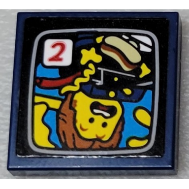 dark blue tile 2 x 2 with tv screen with upside down male minifigure hot dog and red number 2 pattern sticker - set 10303