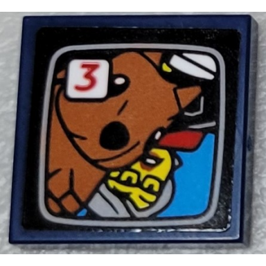 dark blue tile 2 x 2 with tv screen with upside down female minifigure squirrel and red number 3 pattern sticker - set 10303