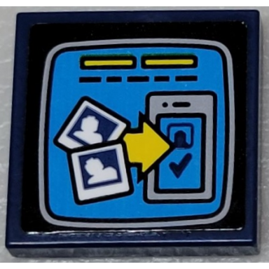 dark blue tile 2 x 2 with tv screen with 2 minifigure photos yellow arrow and check mark on smartphone pattern sticker - set 10303