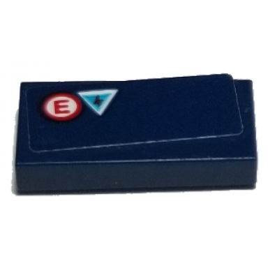 dark blue tile 1 x 2 with red letter e in circle and electricity danger triangle pattern sticker - set 75885