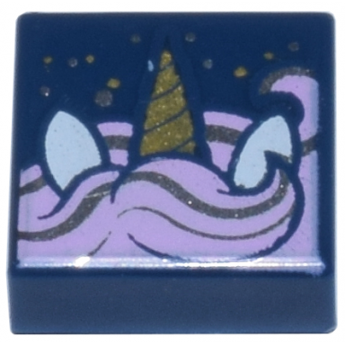 dark blue tile 1 x 1 with gold unicorn horn white ears bright pink and silver mane and sparkles pattern