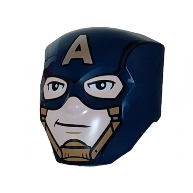 dark blue large figure face with brow and nose detail 2 x 2 round brick attachment with mask with silver capital letter a and gold chin strap over light nougat face pattern captain america