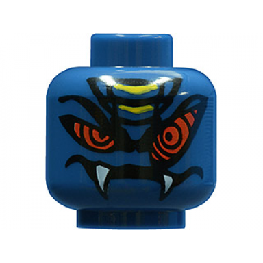dark blue minifigure head alien snake with black long eyebrows large red eyes yellow scales wide lopsided grin with fangs pattern
