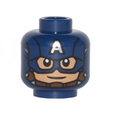 dark blue minifigure head male mask with eye holes and letter a on forehead chin strap smile pattern captain america