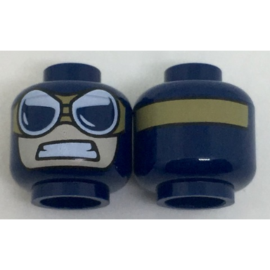 dark blue minifigure head balaclava with light nougat face gritted teeth goggles with dark tan strap front and back pattern