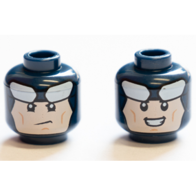 dark blue minifigure head dual sided balaclava white goggles downturned mouth open smile pattern batman