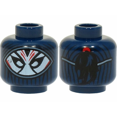 dark blue minifigure head balaclava white mask with black eyes and red stripes braid on back pattern