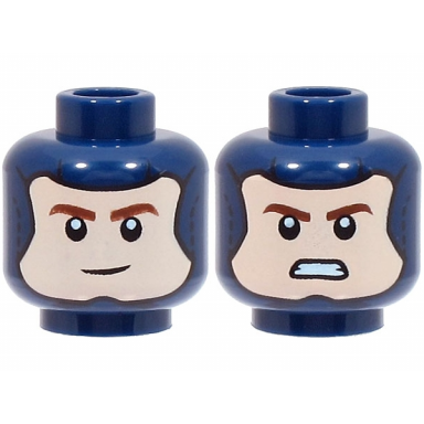 dark blue minifigure head dual sided balaclava light nougat face with reddish brown eyebrows smile angry pattern