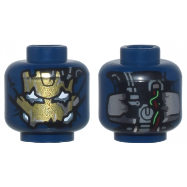 dark blue minifigure head alien robot with gold fractured face white and metallic light blue jagged eyes and cheeks wires and dark bluish gray parts on back pattern
