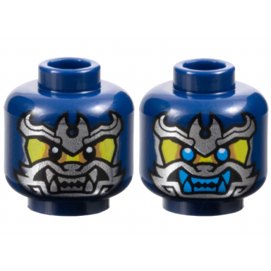dark blue minifigure head dual sided yellow face silver samurai mask black eyes dark azure eyes and teeth pattern