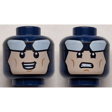 dark blue minifigure head dual sided balaclava with white goggles open smile with teeth angry with bared teeth batman