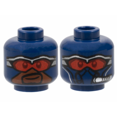 dark blue minifigure head dual sided balaclava red and dark red goggles silver frames reddish brown face with grin covered with air tube pattern