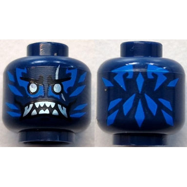 dark blue minifigure head alien with black eyebrows metallic light blue eyes and scar blue markings angry open mouth with fangs and sharp teeth parted pattern