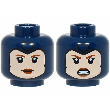 dark blue minifigure head dual sided female balaclava with black pentagon over light nougat face with dark orange eyebrows and lips single eyelashes slight grin angry bared teeth pattern
