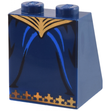 dark blue slope 65 2 x 2 x 2 with bottom tube with minifigure dress skirt robe gold waist and bottom trim pattern