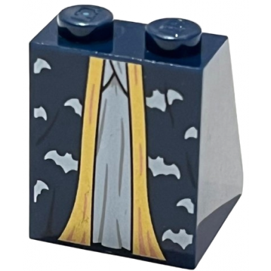 dark blue slope 65 2 x 2 x 2 with bottom tube with minifigure dress skirt robe white bats and gold trim over white panel pattern