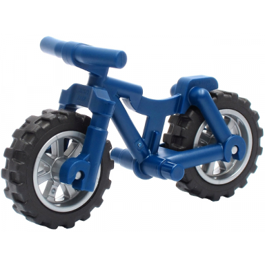 dark blue bicycle heavy mountain bike with straight handlebars with flat silver wheels and black tires 36934 50862 50861