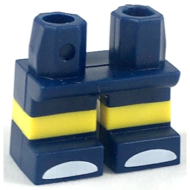 dark blue legs short with molded horizontal yellow stripes and printed white toes pattern