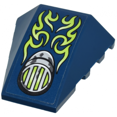 dark blue wedge 4 x 4 triple curved no studs with lime flames and headlight with light bluish gray grille pattern sticker - set 70730