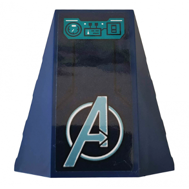 dark blue wedge 4 x 4 triple curved no studs with metallic light blue avengers logo and turquoise control panel with speedometer and switches pattern sticker - set 76142