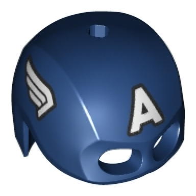 dark blue minifigure headgear helmet mask hole on top with white letter a and wings on sides black outline pattern captain america