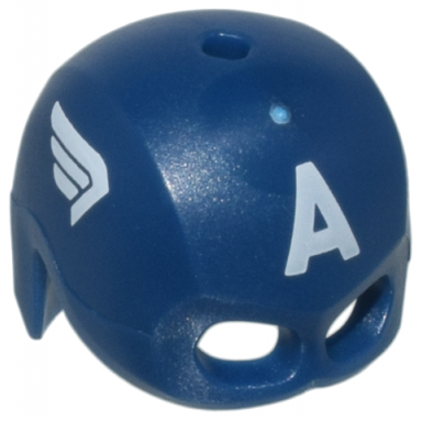dark blue minifigure headgear helmet mask hole on top with white letter a and wings on sides pattern captain america
