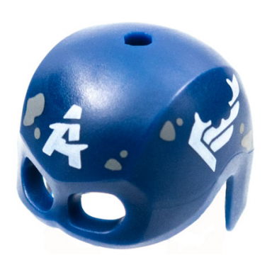 dark blue minifigure headgear helmet mask hole on top with white letter a and wings on sides weathered with dark bluish gray splotches pattern