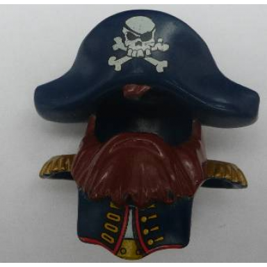 dark blue duplo wear head cover shirt with reddish brown beard and dark blue hat with skull and crossbones pattern