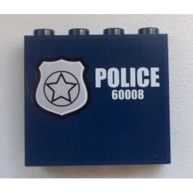 dark blue panel 1 x 4 x 3 with side supports - hollow studs with silver star badge and white police 60008 pattern model left side sticker - set 60008