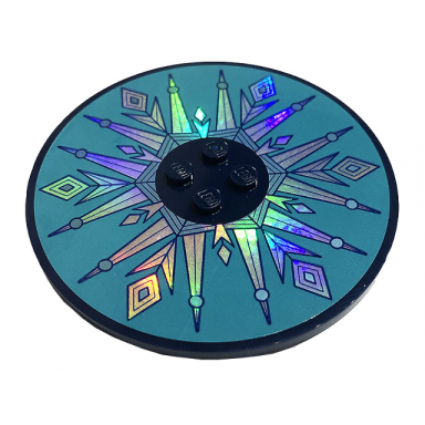 dark blue tile round 8 x 8 with 4 studs in center with metallic light blue snowflake and ice crystals pattern sticker - set 43197