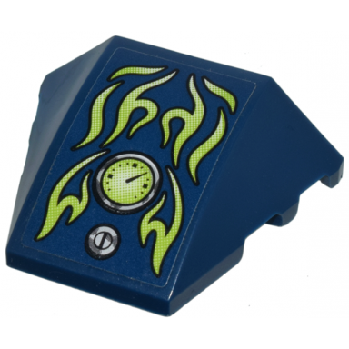 dark blue wedge 4 x 3 triple curved no studs with light bluish gray screw lime flames and gauge pattern sticker - set 70730