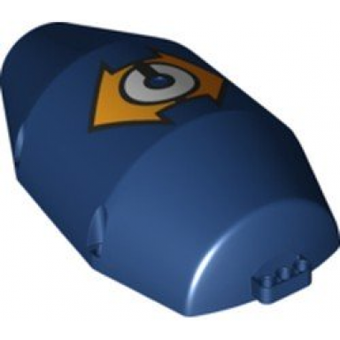dark blue technic tipper drum 6.5 x 13 x 26 half with 4 pin holes and 3l liftarm thick with orange arrows and white letter c pattern
