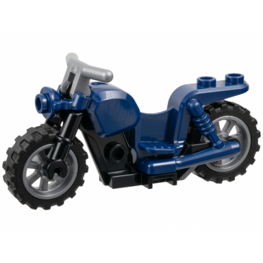 dark blue motorcycle chopper with black frame flat silver wheels and flat silver handlebars