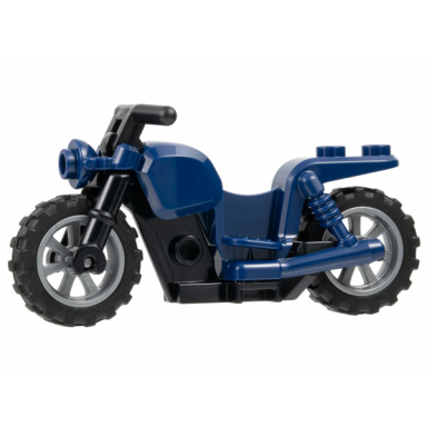 dark blue motorcycle chopper with black frame flat silver wheels and black handlebars