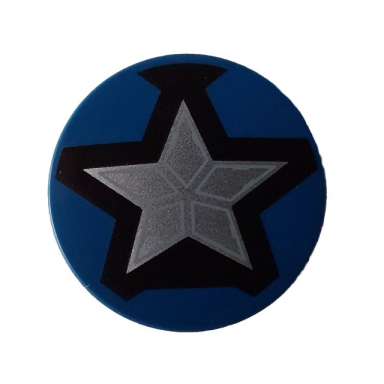 dark blue tile round 3 x 3 with silver captain america star on black background pattern