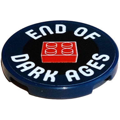 dark blue tile round 3 x 3 with red 2 x 2 brick and white end of dark ages pattern sticker - set 910034